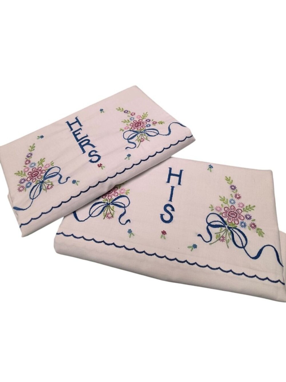 Vtg JCPenney Fashion Manor His Hers Hand Embroidered Pillowcase Pair Penn-Prest